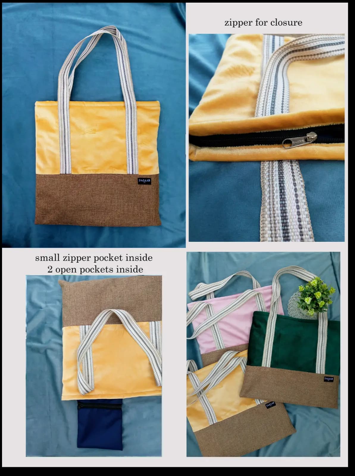 zipper velvet tote with features