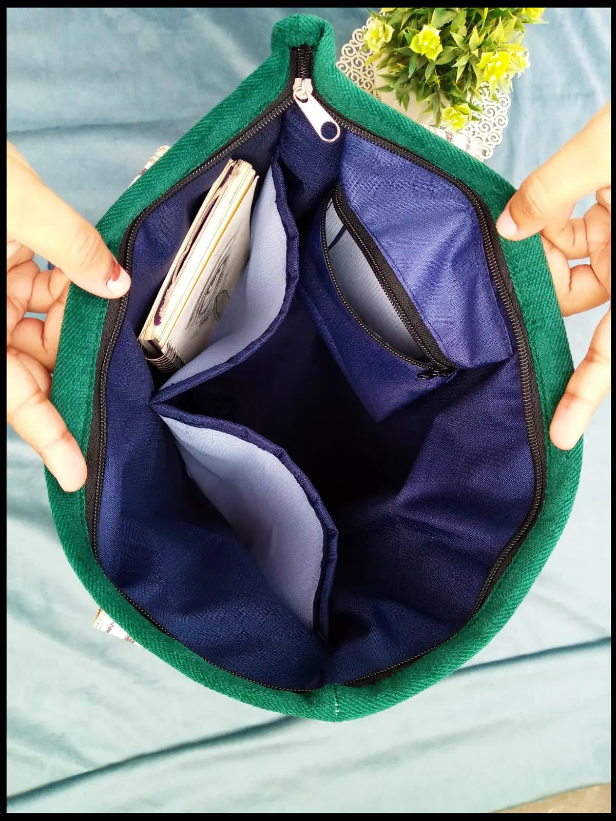 zipper velvet tote with features