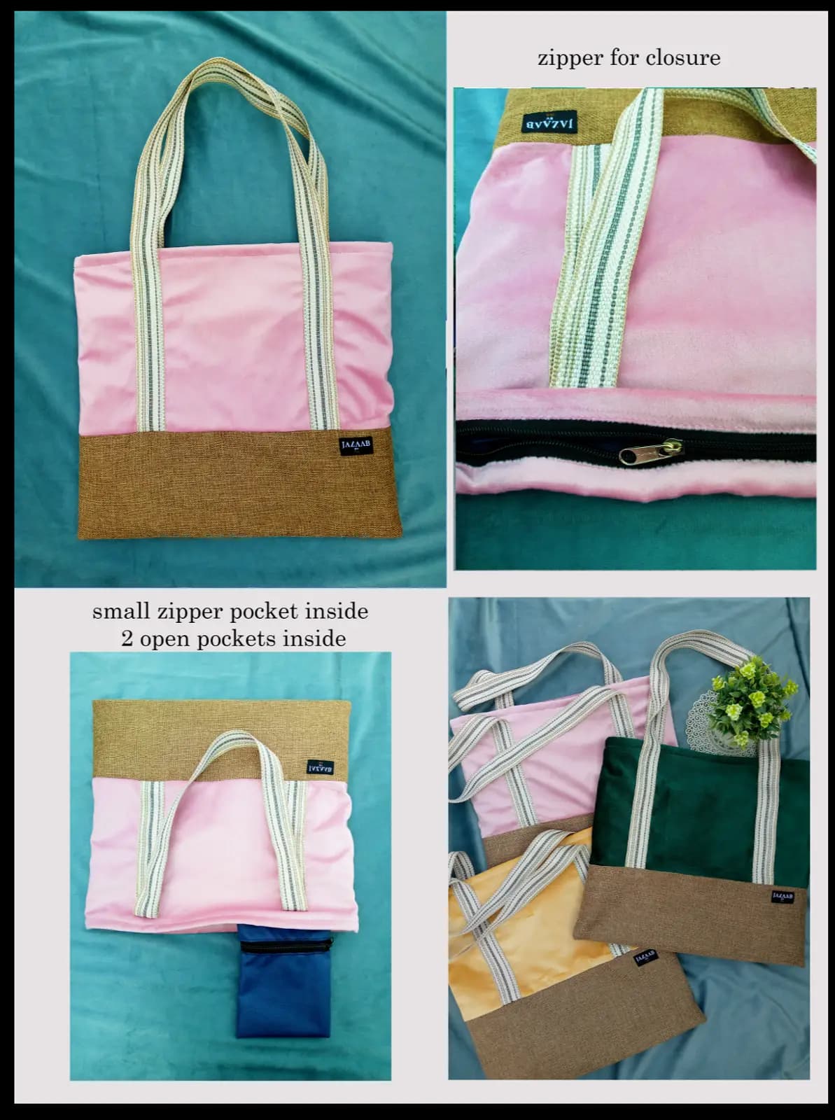 zipper velvet tote with features