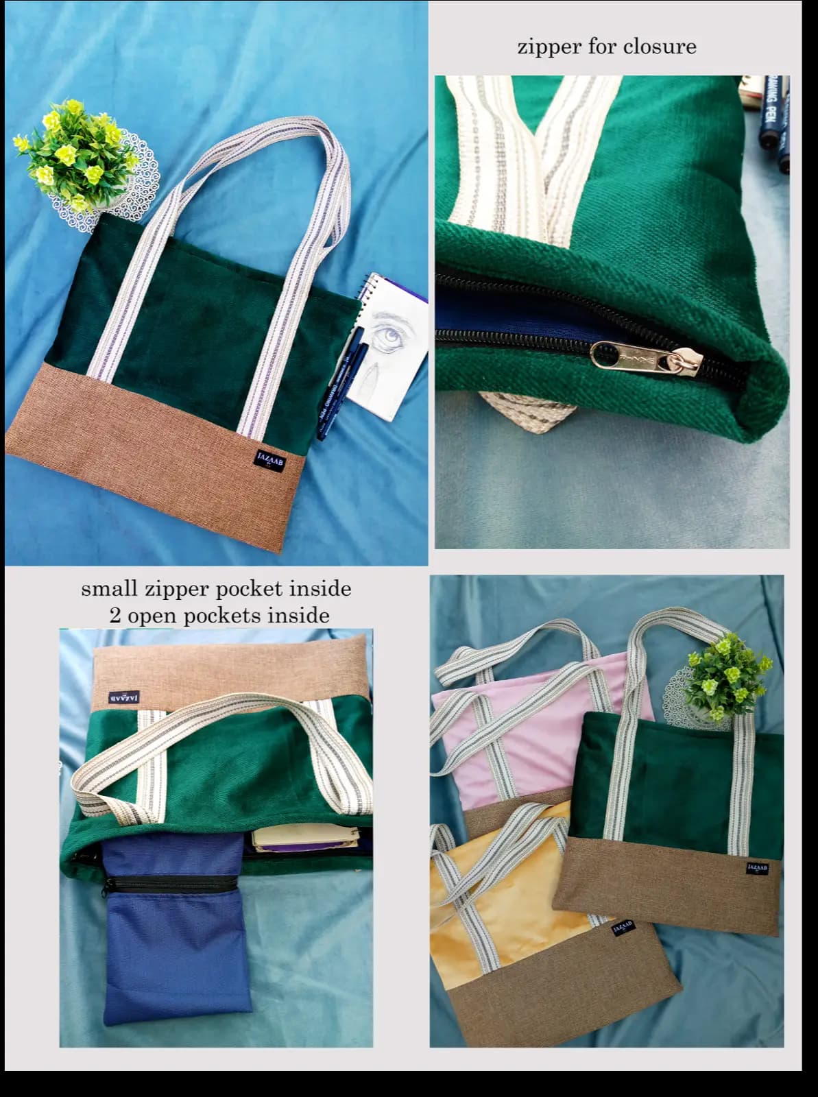 zipper velvet tote with features