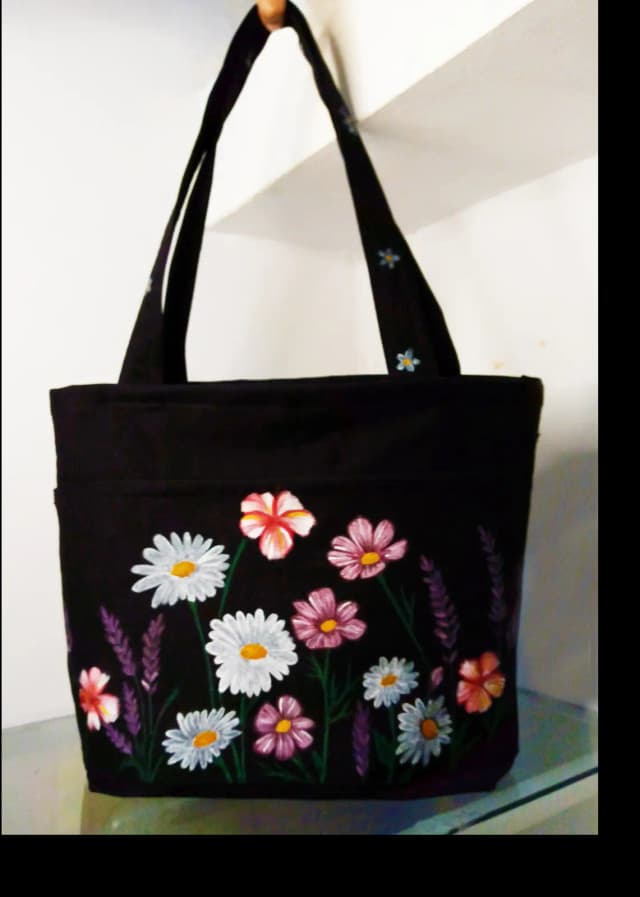 HAND PAINTED FLORAL BASKET BAG
